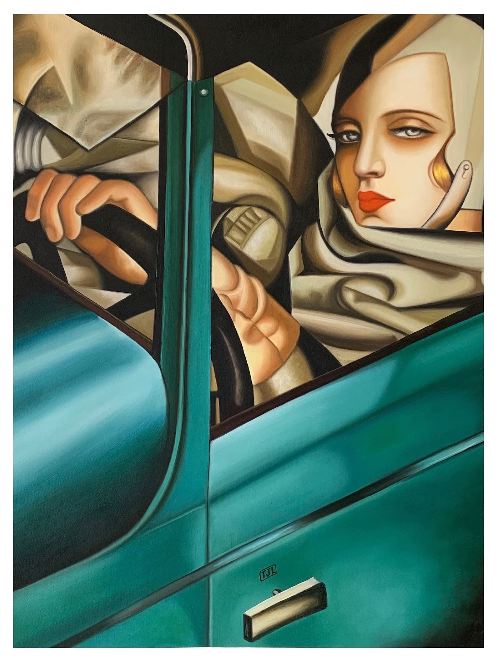 Tamara de Lempicka "Green Bugatti" Painting: Tamara de Lempicka (1898–1980) was a Polish Art Deco painter known for her distinctive and elegant style. Born Maria Górska in Warsaw, Poland, she later adopted the pseudonym Tamara de Lempicka aft
