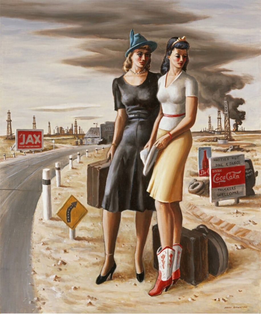 Jerry Bywaters "Oil Field Girls, 1940" Offset Lithograph: Jerry Bywaters (1906–1989) was an American artist, educator, and influential figure in the regionalist art movement. Born on August 21, 1906, in Paris, Texas, Bywaters played a significant role in p