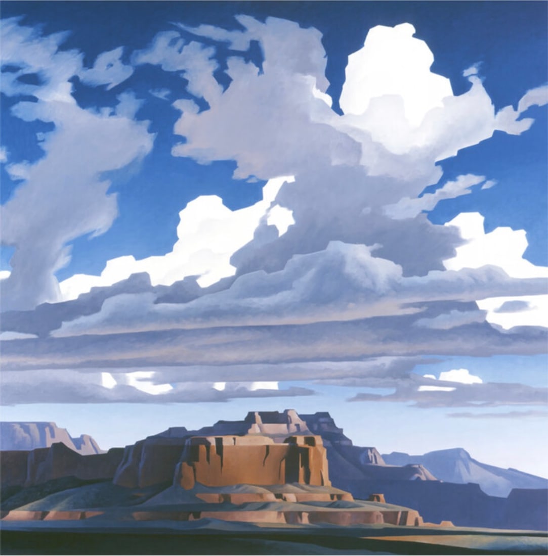 Ed Mell "Sweeping Clouds, 1989" Offset Lithograph: Ed Mell (born 1942) is an American contemporary painter known for his distinctive and evocative depictions of the American West. He was born on February 22, 1942, in Phoenix, Arizona.Key aspects of Ed