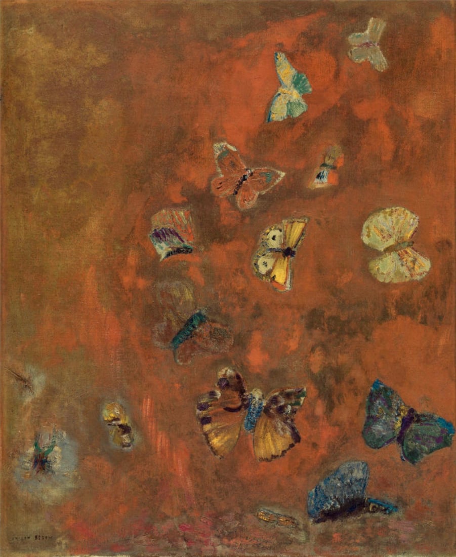 Odilon Redon "Evocation of Butterflies, 1912" Offset Lithograph: Odilon Redon (April 20, 1840 – July 6, 1916) was a French Symbolist painter, printmaker, draughtsman, and pastellist. He is known for his unique and visionary approach to art, creating dreamlike and