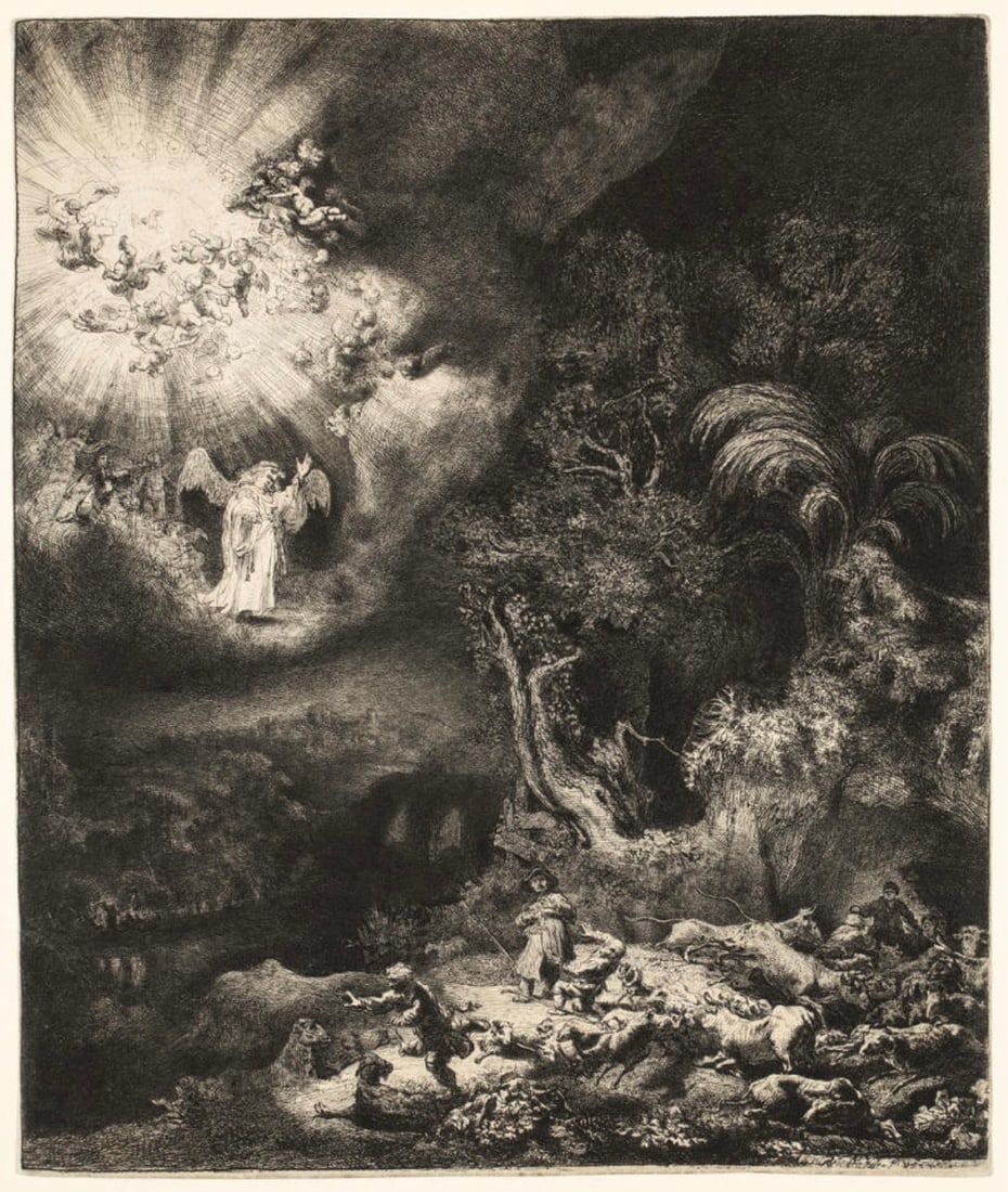 Rembrandt Harmensz Van Rijn "The Angel Appearing to the Shepherds, 1634" Offset Lithograph (1 of 1)