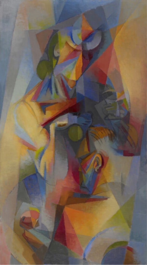 Stanton Macdonald Wright "Au Cafe, 1918" Offset Lithograph: Stanton Macdonald-Wright (1890–1973) was an American modernist painter and co-founder of the Synchromism movement. Born on July 8, 1890, in Charlottesville, Virginia, he played a significant role in