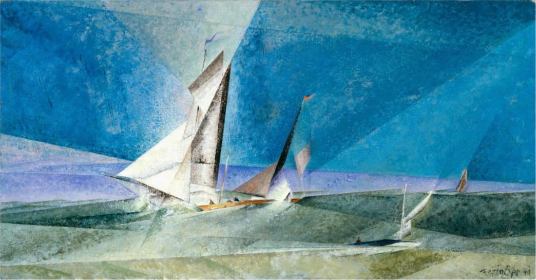 Lyonel Feininger "Fisher off the Coast, 1941" Offset Lithograph: Lyonel Feininger (July 17, 1871 – January 13, 1956) was a German-American painter, printmaker, and caricaturist associated with German Expressionism and the Bauhaus movement. He was known for his di