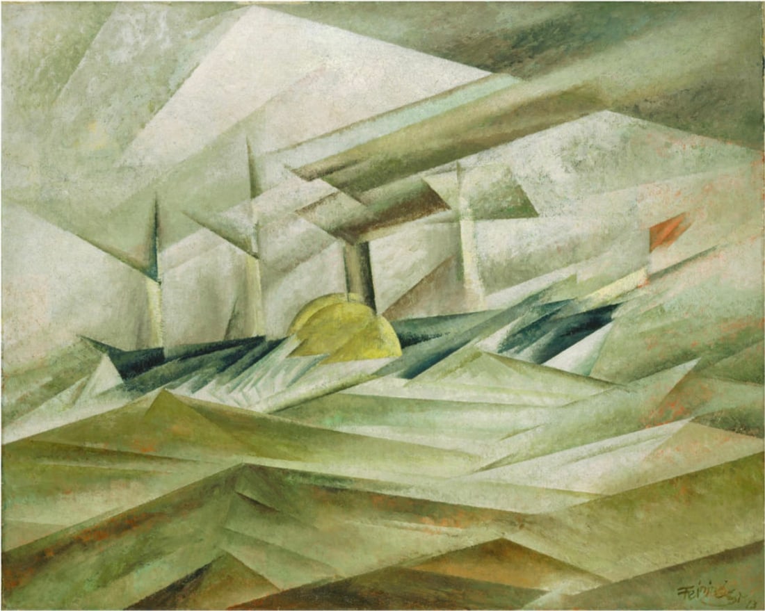 Lyonel Feininger "Sidewheeler II, 1913" Offset Lithograph: Lyonel Feininger (July 17, 1871 – January 13, 1956) was a German-American painter, printmaker, and caricaturist associated with German Expressionism and the Bauhaus movement. He was known for his di