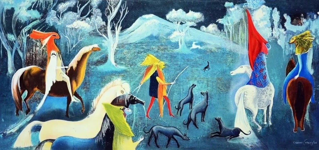 Leonora Carrington "Figuras Frntasticas a Caballo" Print: Leonora Carrington (1917â€“2011) was a British-born Mexican artist and writer known for her surreal and imaginative works that often combined elements of fantasy, mythology, and the occult. Sh