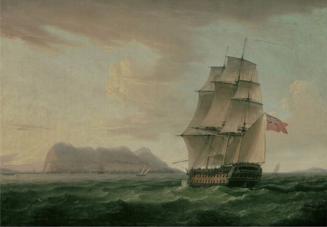 Thomas Whitecombe "British Man of War Before the Rock of Gibraltar" Offset Lithograph: Thomas Whitcombe (c. 1752–1824) was an English maritime painter known for his depictions of naval scenes and maritime landscapes. His works often featured naval vessels, maritime battles, and coasta