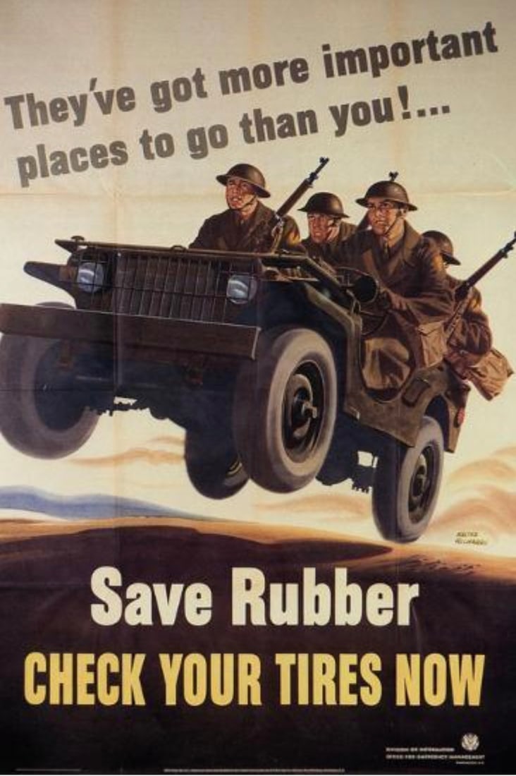 World War II "Save Rubber" Poster: World War II (1939–1945) was a global conflict that involved the majority of the world's nations, including all the great powers, organized into two opposing military alliances: the Allies and the A