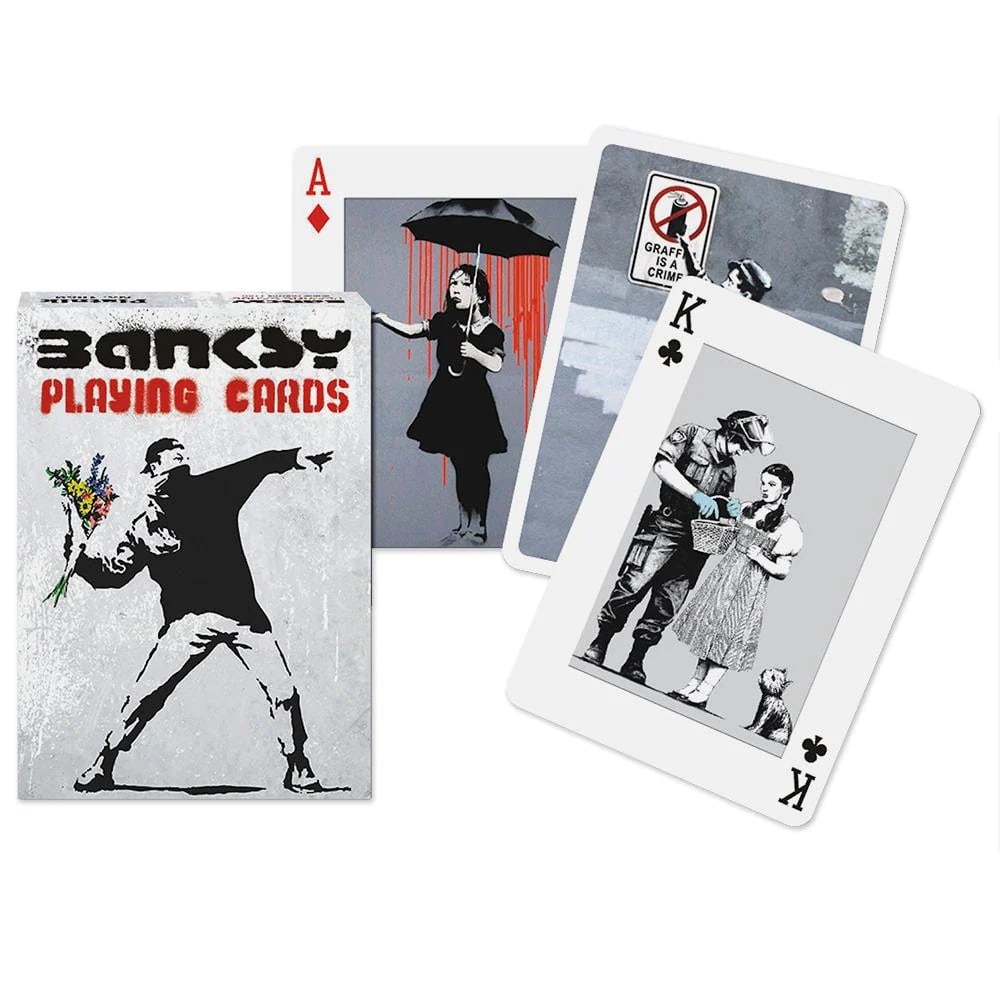 Banksy Card Set: Banksy is an anonymous England-based street artist, political activist, and film director known for his distinctive stenciled works that often carry social and political messages. Here are key points 