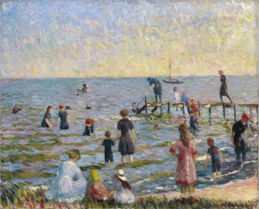 William Glackens "Bathing at Bellport, Long Island, 1912" Offset Lithograph: William Glackens (1870–1938) was an American realist painter and one of the leading figures of the Ashcan School, a group of artists who focused on portraying scenes of everyday urban life in early