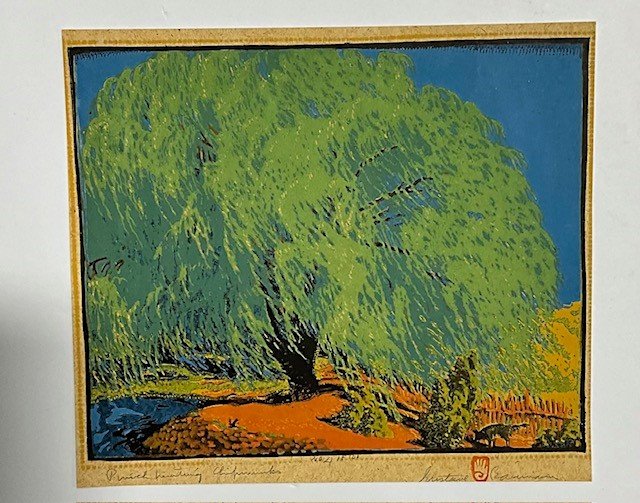 Gustave Baumann " Punch Hunting Chipmunks " Print: Gustave Baumann " Punch Hunting Chipmunks " Print Mounted to Arches paper Measures 11.75 X 10.375 Inches Not a woodcut. Produced later.