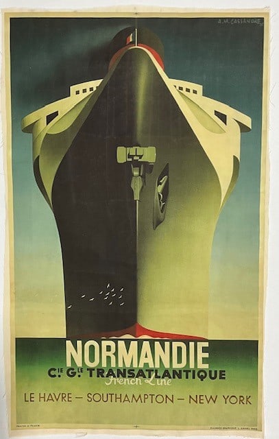 Normandie Ship Le Havre Southampton New York Poster: POster on linen :"Normandie" Printing Date: Unknown, a later printing. Total size :40.0 X 24.75 Inches. LOt note: Sold in as-is condition
