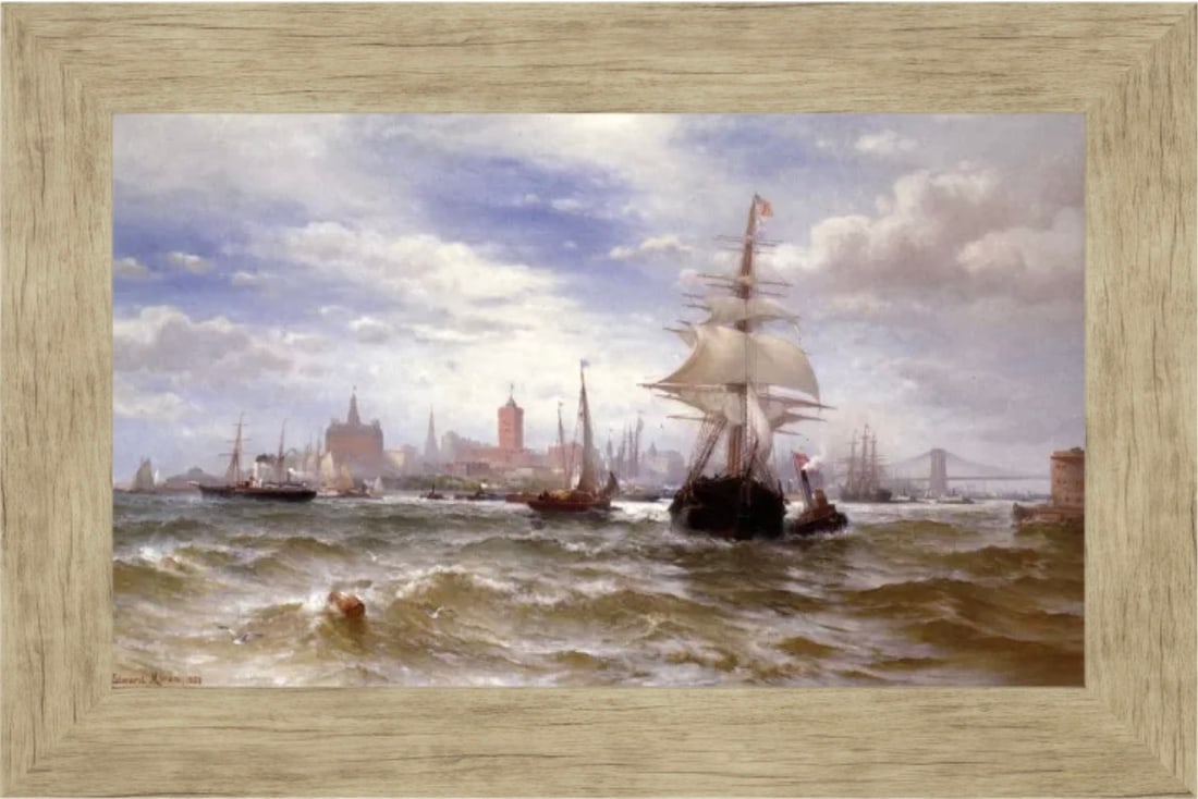 Edward Moran "City and Harbor of New York" Painting: Edward Moran (1829–1901) was an American marine and landscape painter known for his depictions of maritime scenes, seascapes, and historical events. He was born on August 19, 1829, in Bolton, Lancas