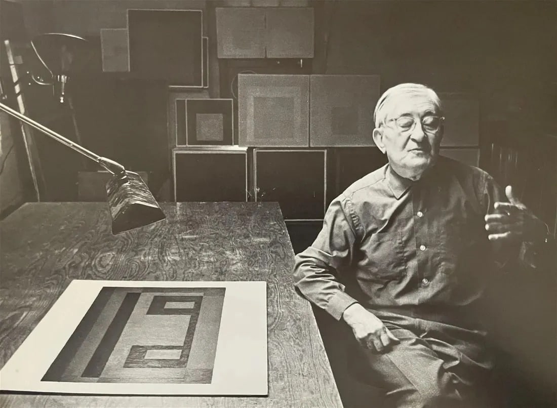 Hans Namuth "Josef Albers, New Haven, Connecticut, 1965" Print: Hans Namuth (1915–1990) was a German-born American photographer known for his iconic images of artists, particularly his famous series capturing Abstract Expressionist painter Jackson Pollock at wor