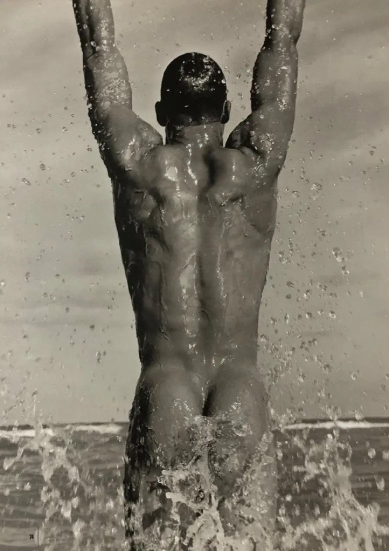 Herb Ritts- Jumping Male Nude in Water, c. 1990s: HERB RITTS (1952-2002) Jumpinh Man Nude in Water, c. 1990's Photo-litho. Printed circa 1990's Measures 14.00 X 10.00 Inches