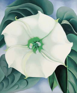 Georgia Okeeffe "Jimson Weed, 1932" Offset Lithograph: Georgia O'Keeffe (1887-1986) was an American artist known for her distinctive and innovative paintings of flowers, landscapes, and abstract forms. Born in Sun Prairie, Wisconsin, O'Keeffe studied at