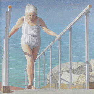 Alex Colville "A Woman on a Ramp, 2006" Offset Lithograph: Alex Colville (1920–2013) was a Canadian painter known for his meticulously detailed and enigmatic works, which often depicted scenes of everyday life imbued with a sense of mystery and tension. He