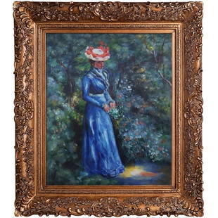 Pierre Auguste Renoir "Woman in a Blue Dress, Standing in the Garden of St. Cloud" Oil Painting,: Pierre-Auguste Renoir (1841-1919) was a French painter and one of the leading figures of the Impressionist movement. Born in Limoges, France, Renoir moved to Paris as a young man to pursue his passion