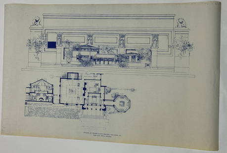 Studio of Frank Llyod Wright blueprint: Measures approx. 36 x 22 inches, foxing and yelling on edges