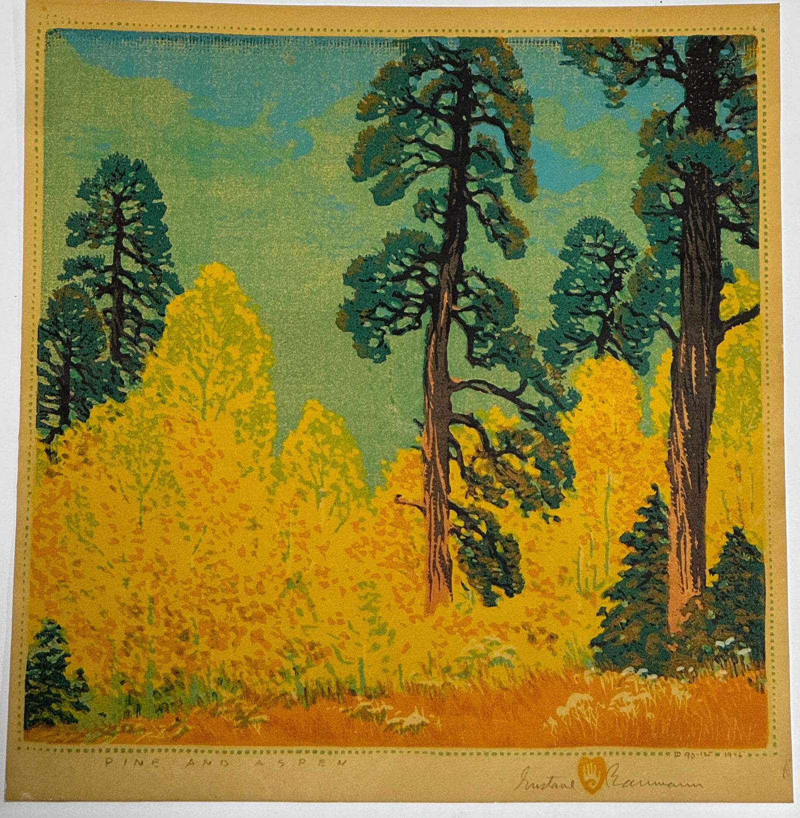 Gustave Baumann Pine and Aspen Print: Signed and title in the plate, mounted too arches paper measures 17 x 16 inches
