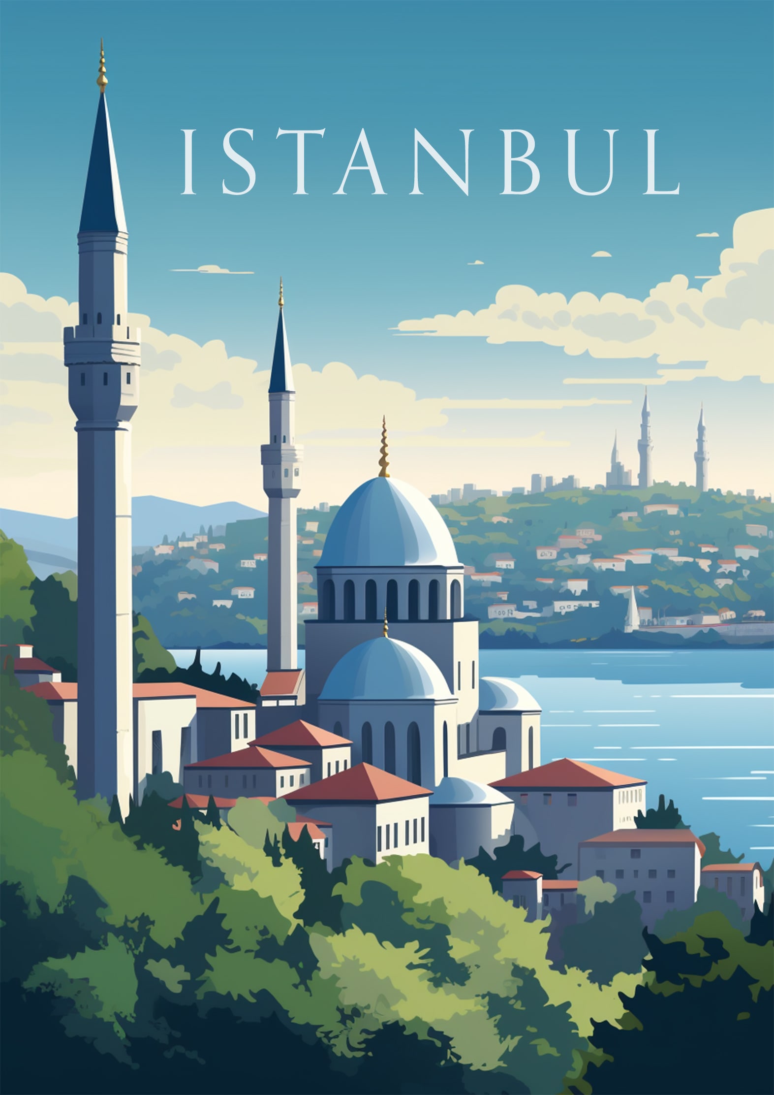 Istanbul Travel Poster: Istanbul, formerly known as Byzantium and Constantinople, is the largest city in Turkey and serves as the country's cultural, economic, and historic center. Situated on both sides of the Bosphorus Str