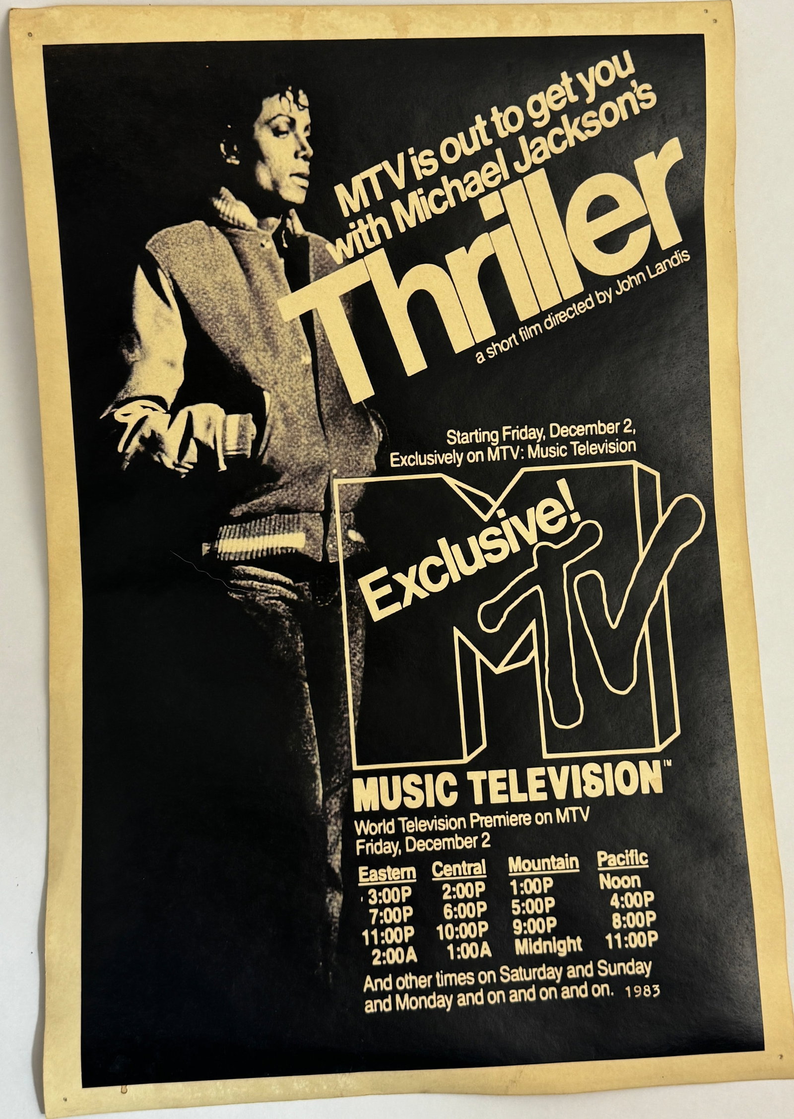 Micheal Jackson MTV Thriller Concert Poster: Unknown printing date measures 12 x 18 inches