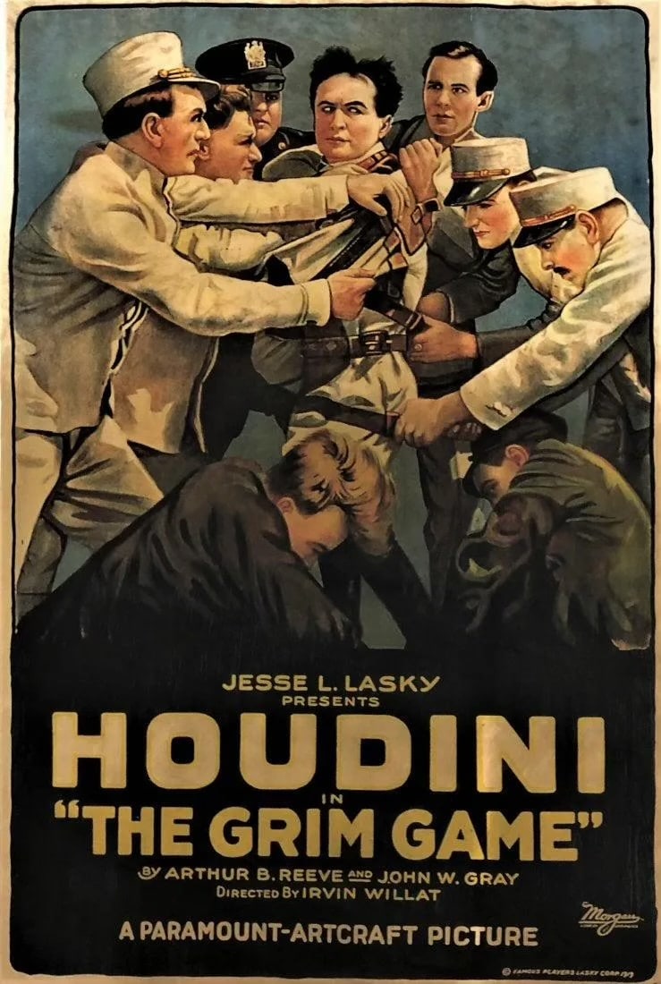 Harry Houdini The Grim Game Movie Poster 41"x27": Poster titled "Harry Houdini - The Grim Game" 41" x 27" approximately Mounted to linen From an unknown edition and printing date