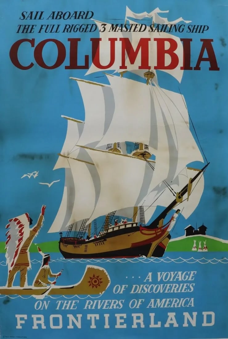 Disneyland Columbia Frontierland Poster backed on linen: Poster titled "Columbia Frontierland" 54" x 36" approximate sizeSome wear, backed on linen, some staining/creases, etc