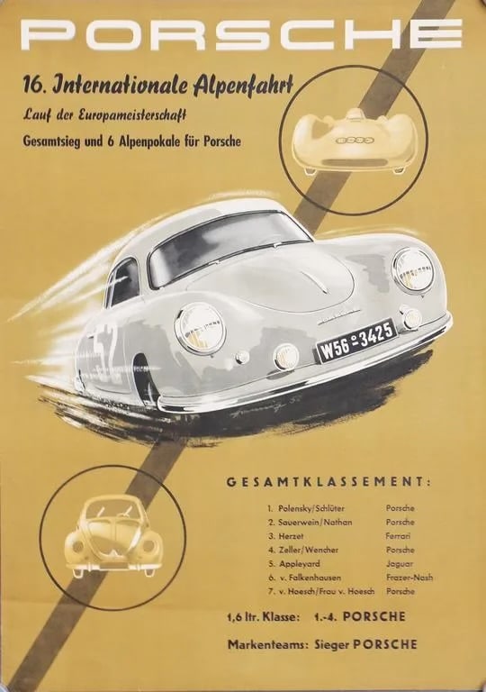 PORSCHE racing poster linen backed: Measures 23.5 x 16.5 inchesLinen backed, Staining , foxing present
