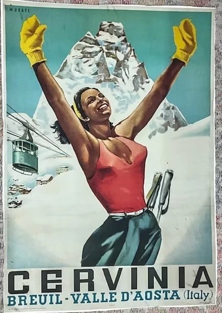 Musati Cervinia Italian Ski Poster: Musati Cervinia Italian Ski Poster Mounted to Linen Minor Creases on the edges Measures 39.00 X 28.00 Inches, unknown printing date, sold as is where is