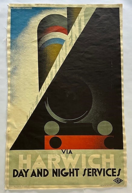 A.M. CASSANDRE THE CONTINENT: A.M. CASSANDRE THE CONTINENT Via HARWICH POSTER FROM UNKNOWN EDITION AND PRINTING DATE. LINEN BACKED.