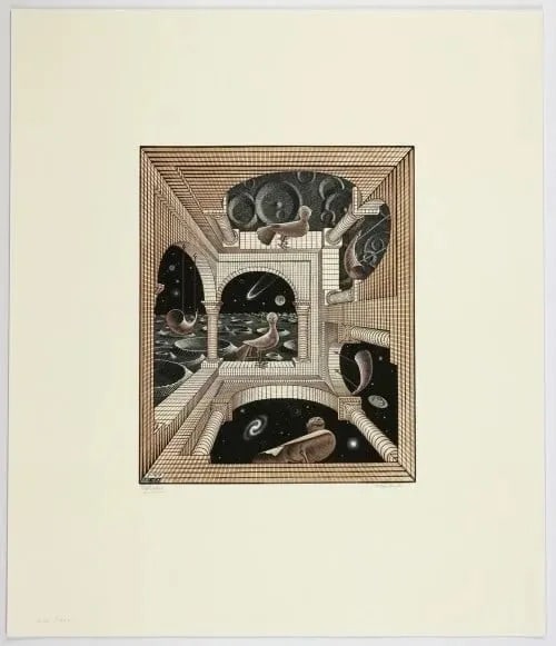 M.C. Escher "Other World" Etching: M.C. Escher, born Maurits Cornelis Escher in 1898 in the Netherlands, was a Dutch graphic artist known for his mind-bending and mathematically inspired artwork. His work explores concepts of infinity,