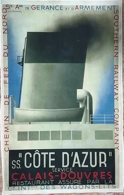 A.M. Cassandre Cote D'Azur Cruise Travel Poster: A.M. Cassandre Cote D'Azur Cruise Travel Poster Minor creases on the Edges, Measures 38.75 X 24.00 Inches mounted to Linen, unknown printing date, sold as is where is