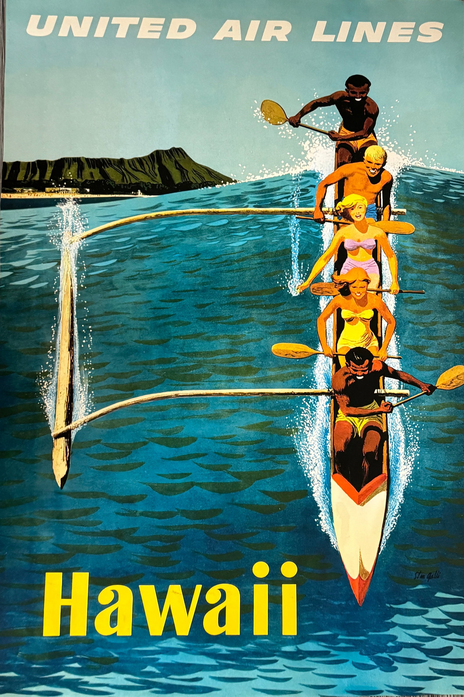 United Airlines Hawaii Offset Lithograph Poster: Offset lithograph, mounted on linen, measures 30 x 30 inches