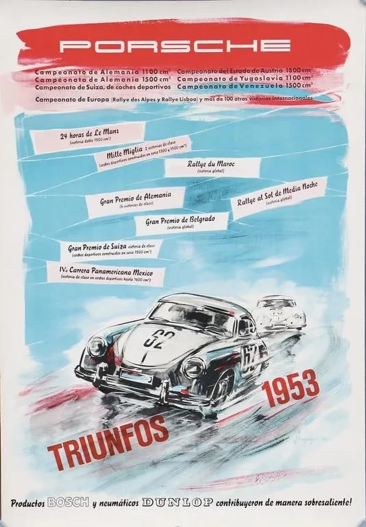 PORSCHE racing poster "Triunfos 1953" linen backed: Measures 33 x 23 inches, Linen backed, Staining and foxing present