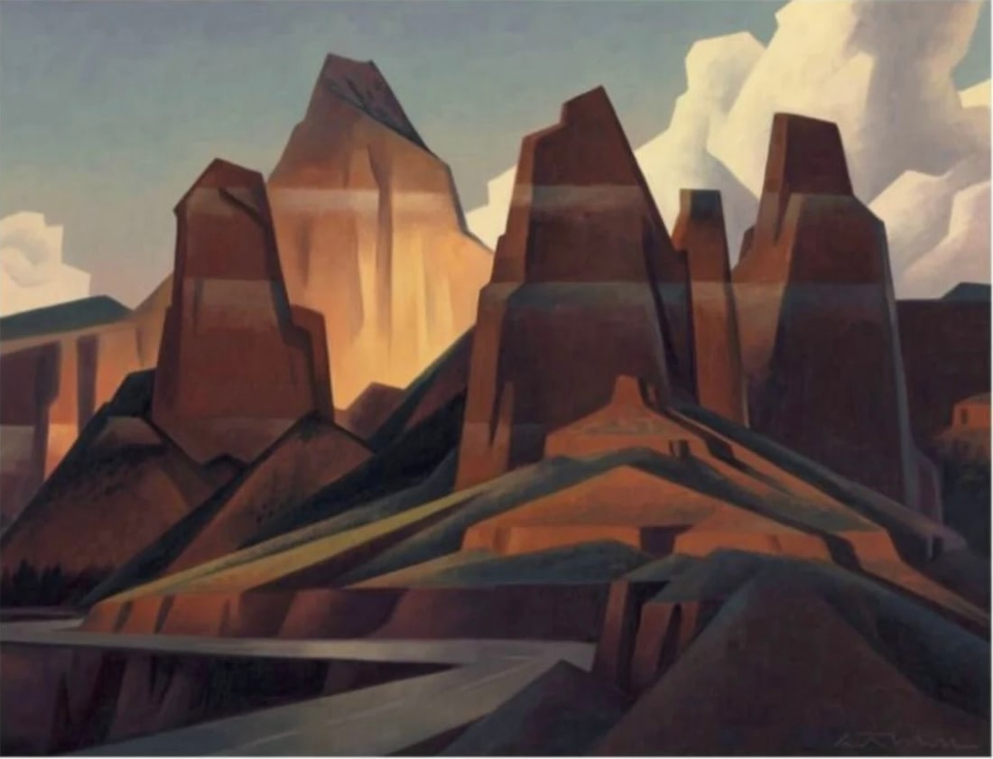Ed Mell "Red Rock" Print: Ed Mell is an American artist known for his distinctive Southwestern landscape paintings that capture the rugged beauty of the American Southwest. Here are some key points about Ed Mell:1. **Early Lif