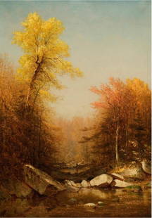 Sanford Robinson Gifford "October in the Catskills, 1879" Print: Sanford Robinson Gifford (1823-1880) was an American landscape painter associated with the Hudson River School, a 19th-century American art movement that celebrated the natural beauty of the American