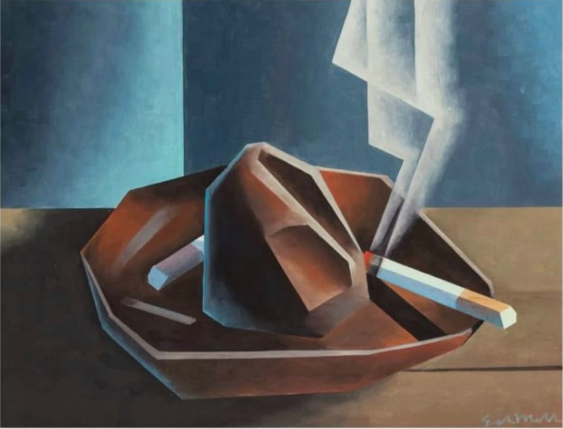 Ed Mell "Ashtray" Print: Ed Mell is an American artist known for his distinctive Southwestern landscape paintings that capture the rugged beauty of the American Southwest. Here are some key points about Ed Mell:1. **Early Lif