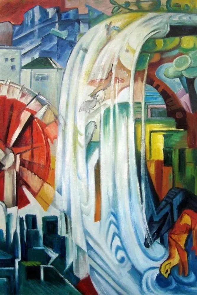 Franz Marc "The Bewitched Mill" Oil Painting: Franz Marc (1880-1916) was a German painter and one of the key figures in the Expressionist art movement. He is renowned for his distinctive style, characterized by vibrant colors and bold geometric s