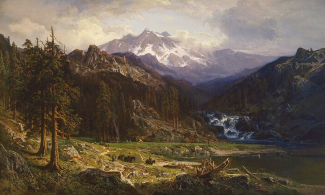 William Keith "Kings River Canyon" Offset LIthograph: William Keith (1838-1911) was a prominent American landscape painter known for his contributions to the development of California's art scene during the late 19th and early 20th centuries. He is parti