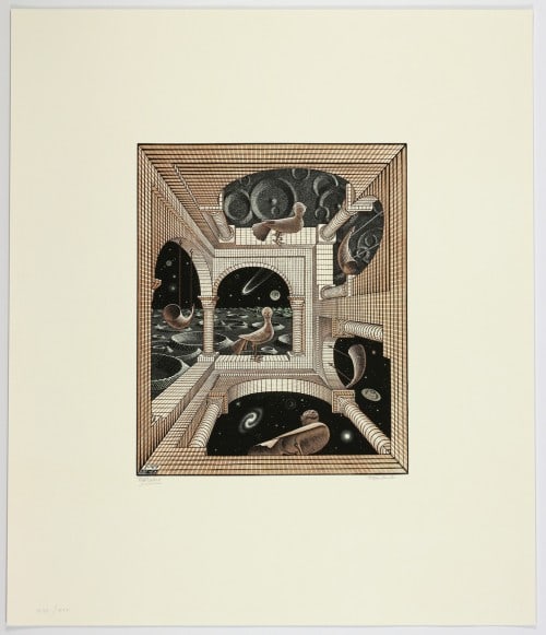 M.C. Escher "Other World" Etching: M.C. Escher, born Maurits Cornelis Escher in 1898 in the Netherlands, was a Dutch graphic artist known for his mind-bending and mathematically inspired artwork. His work explores concepts of infinity,