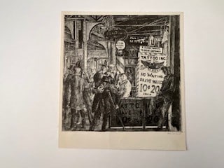 Reginald Marsh “Tattoo Haircut Shave?? Lithograph: Measures 9 1/4 x 8 1/2 inchesMounted to cardstock Signed in the plate