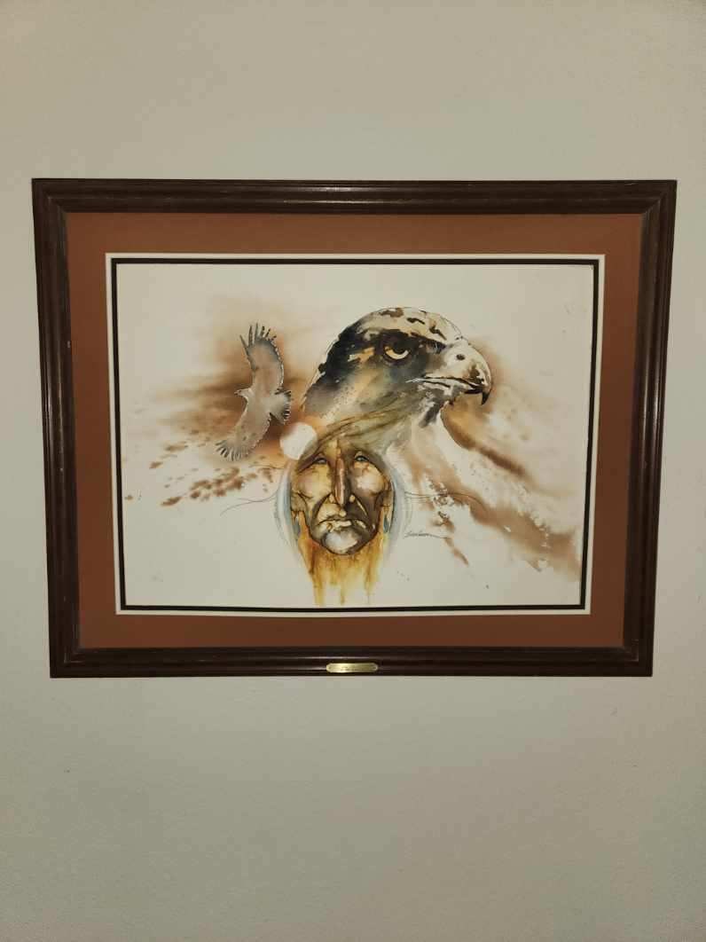 Bert Seabourn "Sky Brother" Painting: Bert Seabourn (1921-2020) was an American artist known for his vibrant and expressive paintings, sculptures, and murals that often celebrate Native American culture and spirituality. Born in Shawnee,