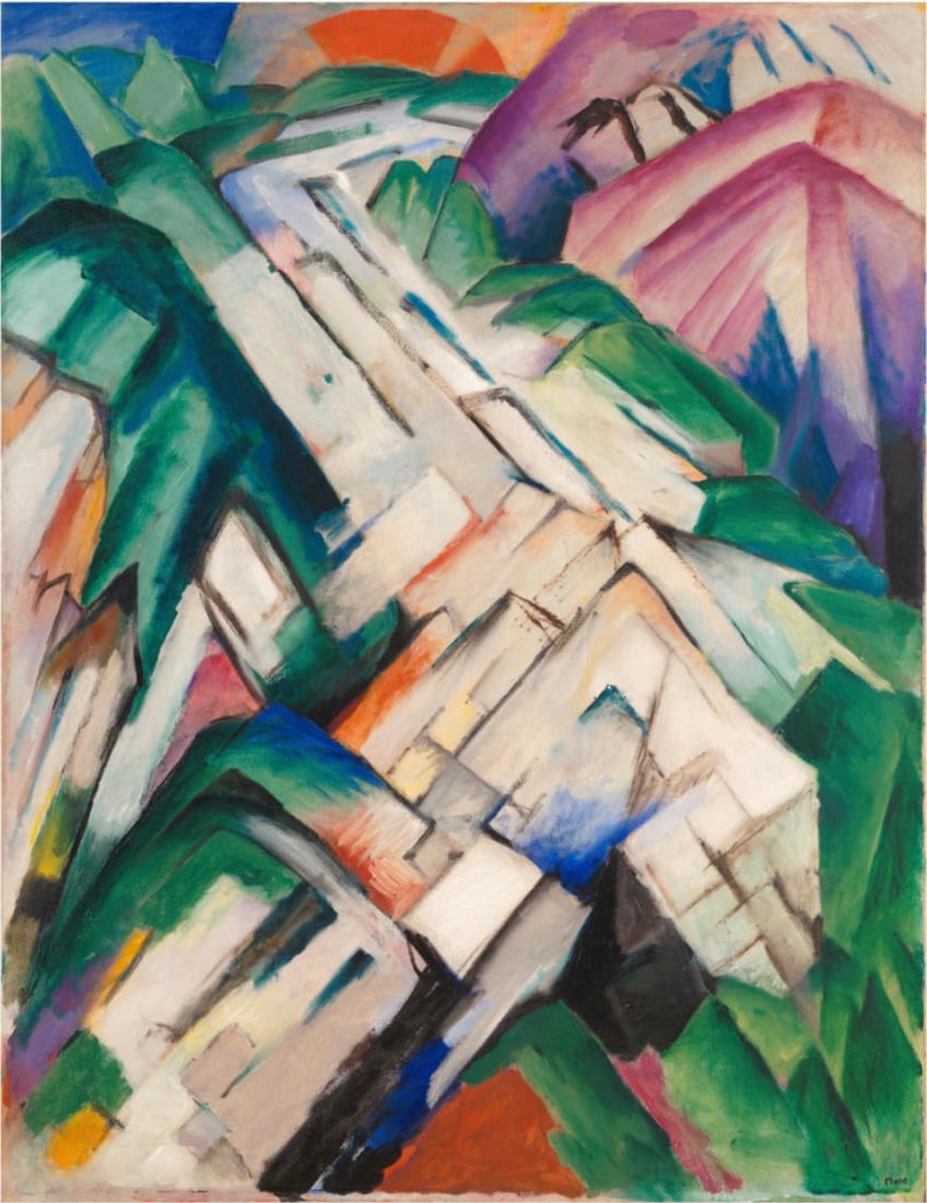 Franz Marc "Stony Path, 1912" Print: Franz Marc (1880-1916) was a German painter and printmaker, a key figure in the German Expressionist movement, and a founding member of the avant-garde group Der Blaue Reiter (The Blue Rider). Born in