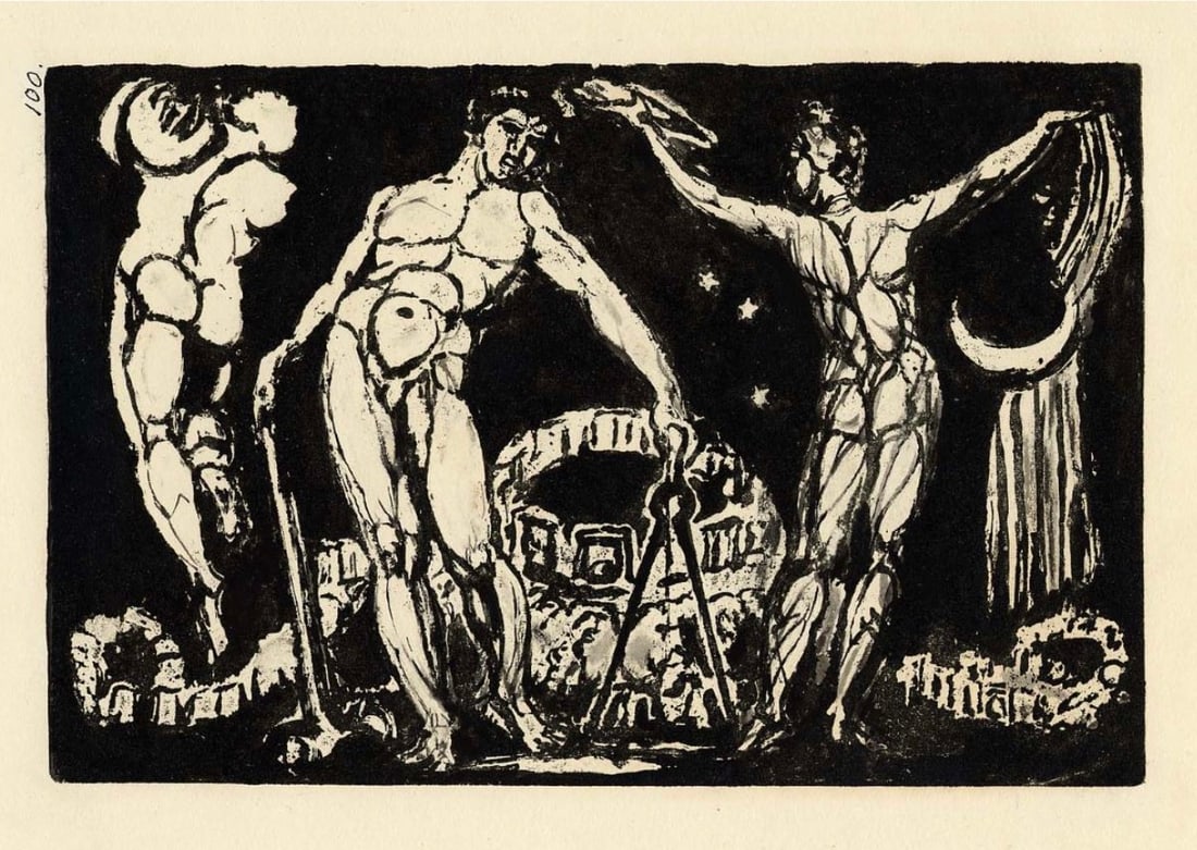 William Blake "Building of Jerusalem, Emanation of the Giant Albion, 1821" Print: William Blake (1757-1827) was an English poet, painter, and printmaker whose work remains highly influential in both the literary and visual arts. Born in London, Blake began his artistic training as