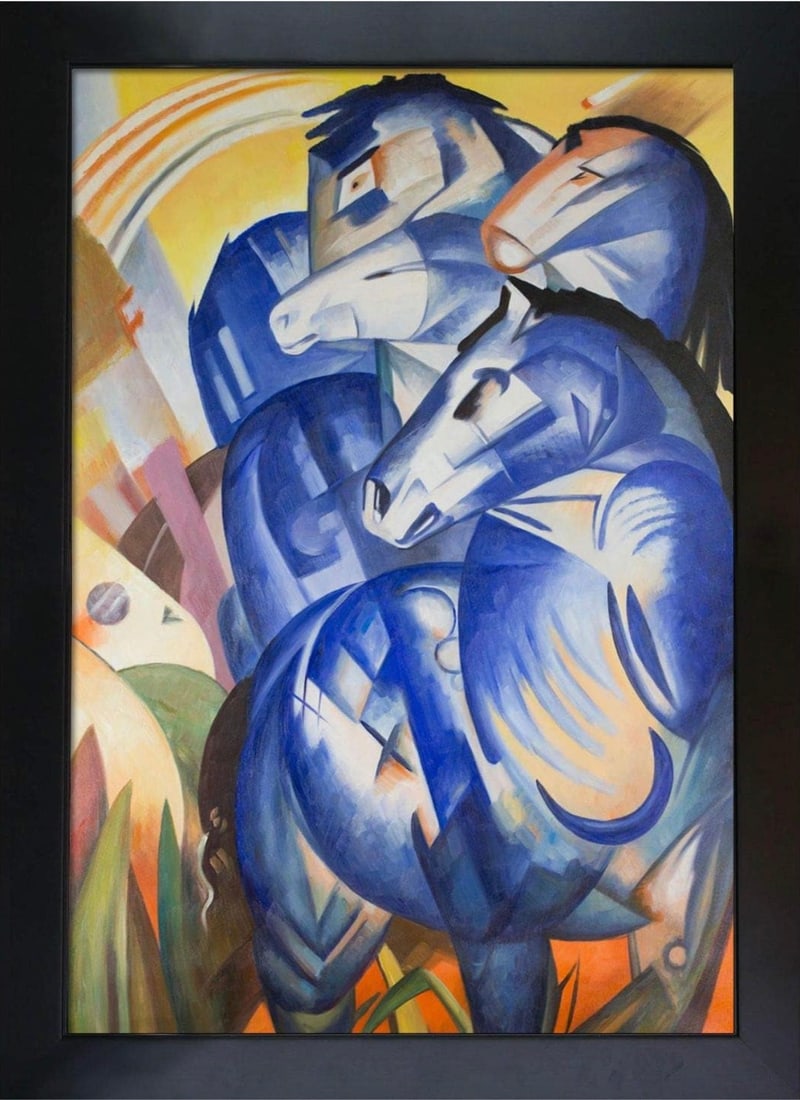 Franz Marc "The Tower of Blue Horses, 1913" Painting, After: Franz Marc (1880-1916) was a German painter and printmaker, known for his contributions to the Expressionist movement and his iconic depictions of animals, particularly horses. Born in Munich, Germany