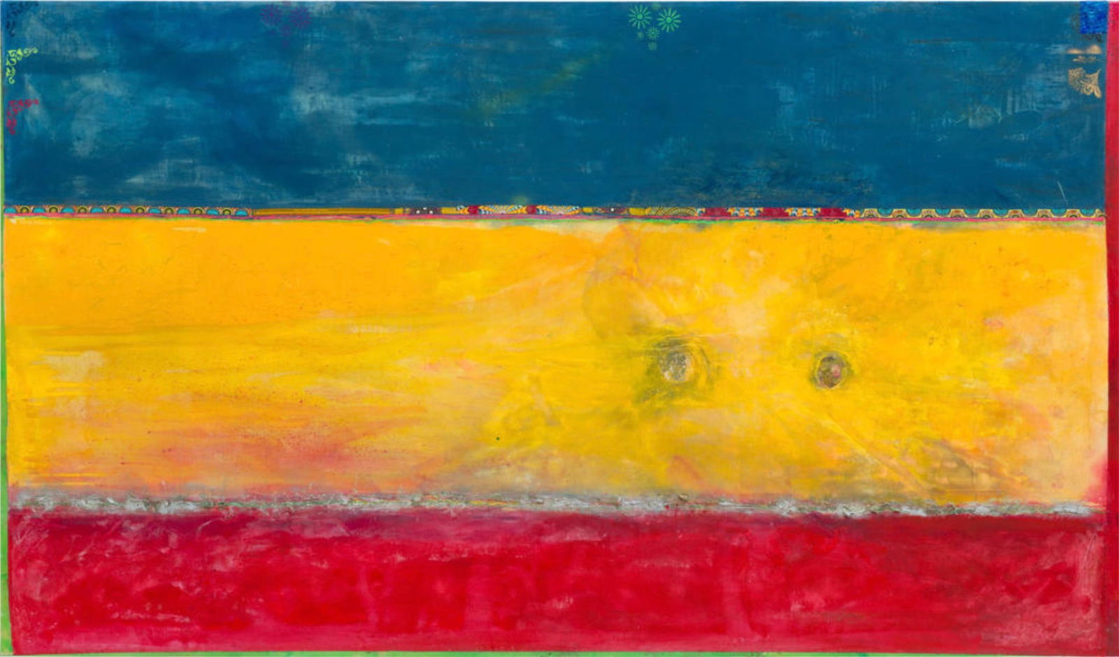 Frank Bowling "Elder Sun Benjamin, 2018" Offset Lithograph: Frank Bowling (b. 1934) is a prominent British-Guyanese painter known for his contributions to abstract art and his innovative use of color and texture. Born in Bartica, British Guiana (now Guyana), B