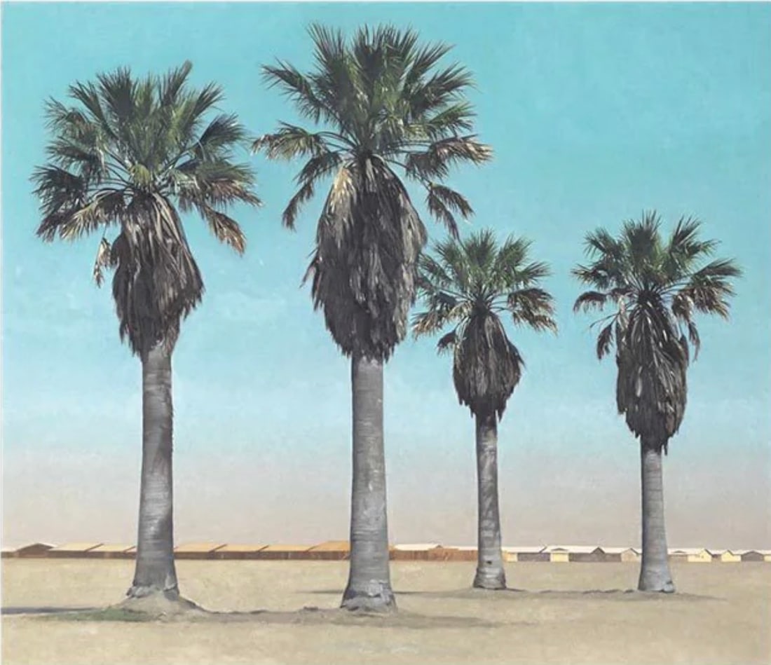 Robert Bechtle "Four Palm Trees, 1969" Print: Robert Bechtle (1932-2020) was an American painter known for his photorealistic depictions of everyday suburban scenes and automobiles. Born in San Francisco, California, Bechtle's paintings capture t