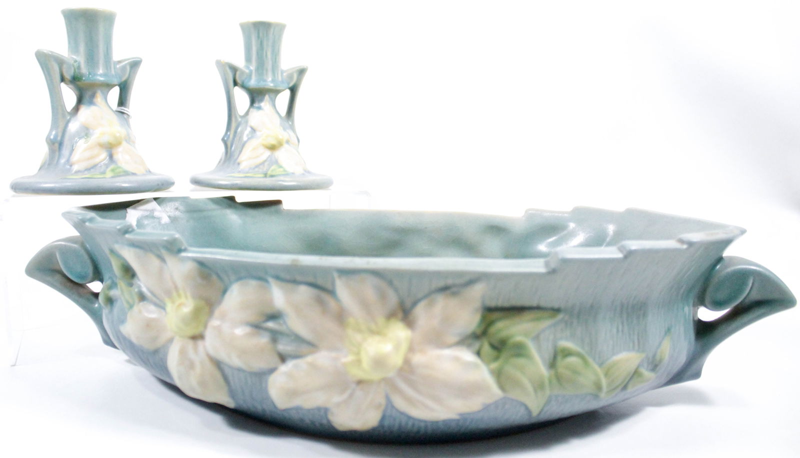 Vintage ciel blue Roseville Pottery. One centerpice bowl and two candle holders (1 of 12)