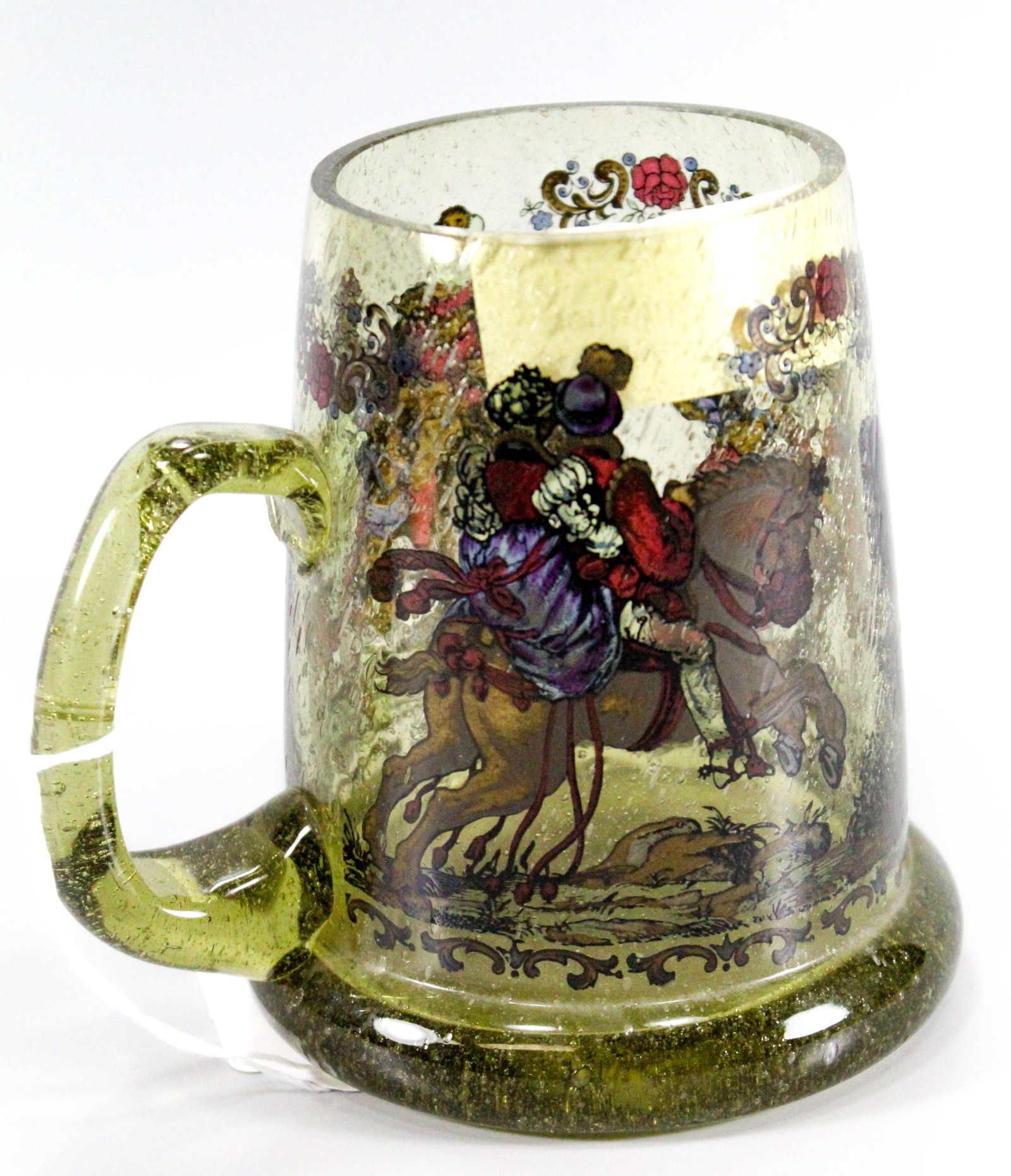 Vintage hand blown green glass stein medieval scene.: Vintage hand blown green glass stein medieval scene.