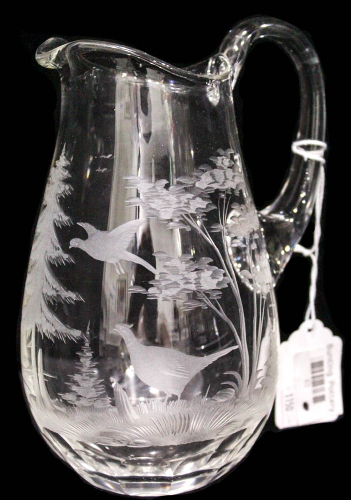 Queen Lace style bohemian glass pitcher engraved with pheasants and forest. (1 of 7)